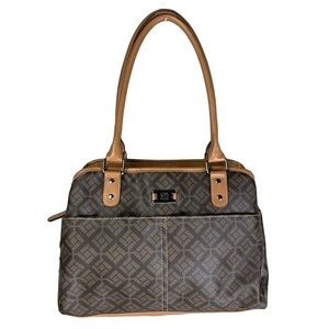 Big Buddha 2 Tone Brown Logo Pattern 3 Large Compartment Top Zip Satchel Handbag